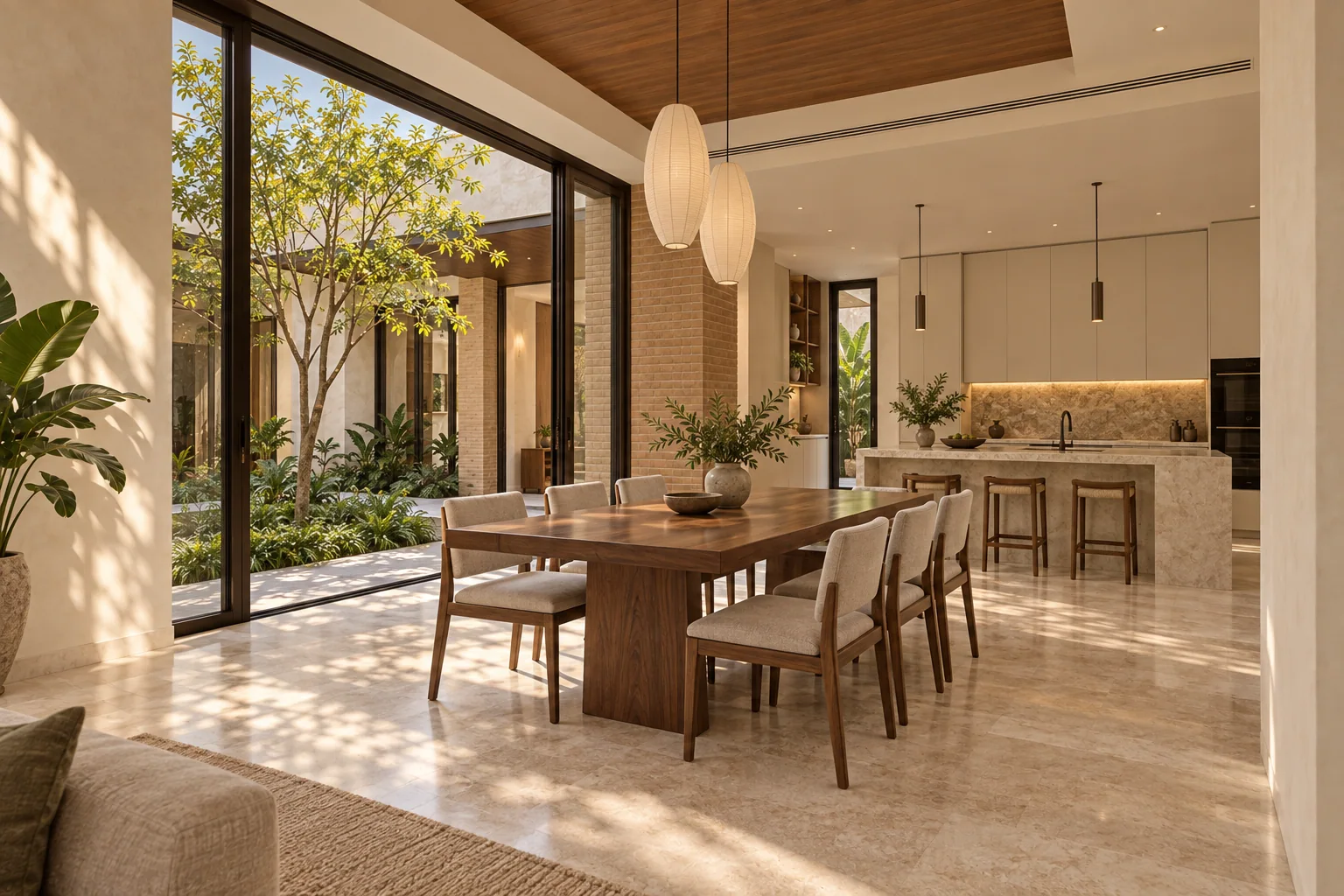 Bếp và phòng ăn biệt thự nhìn ra sân trong