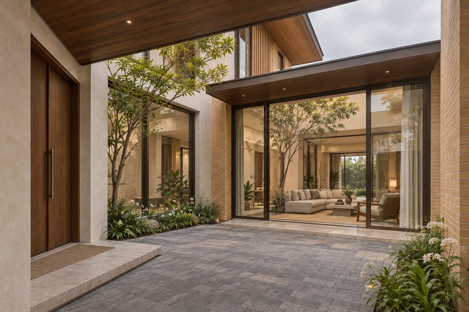 Hiên và sân trong của phương án biệt thự mái đua