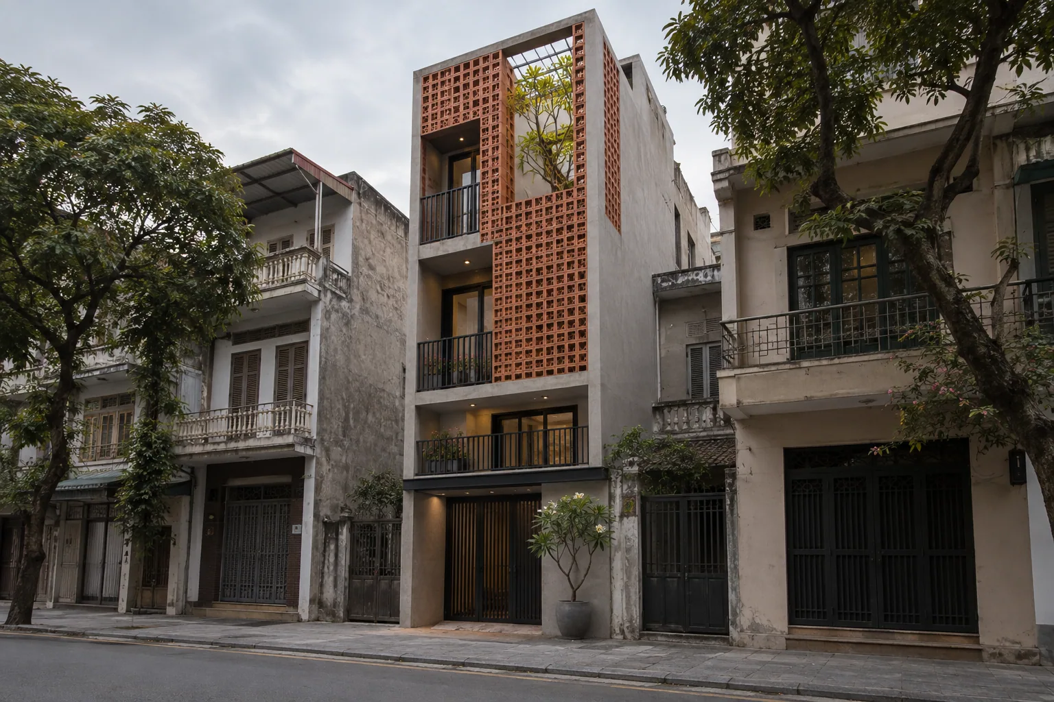 Nhà phố mặt tiền gạch thông gió giữa dãy nhà đô thị