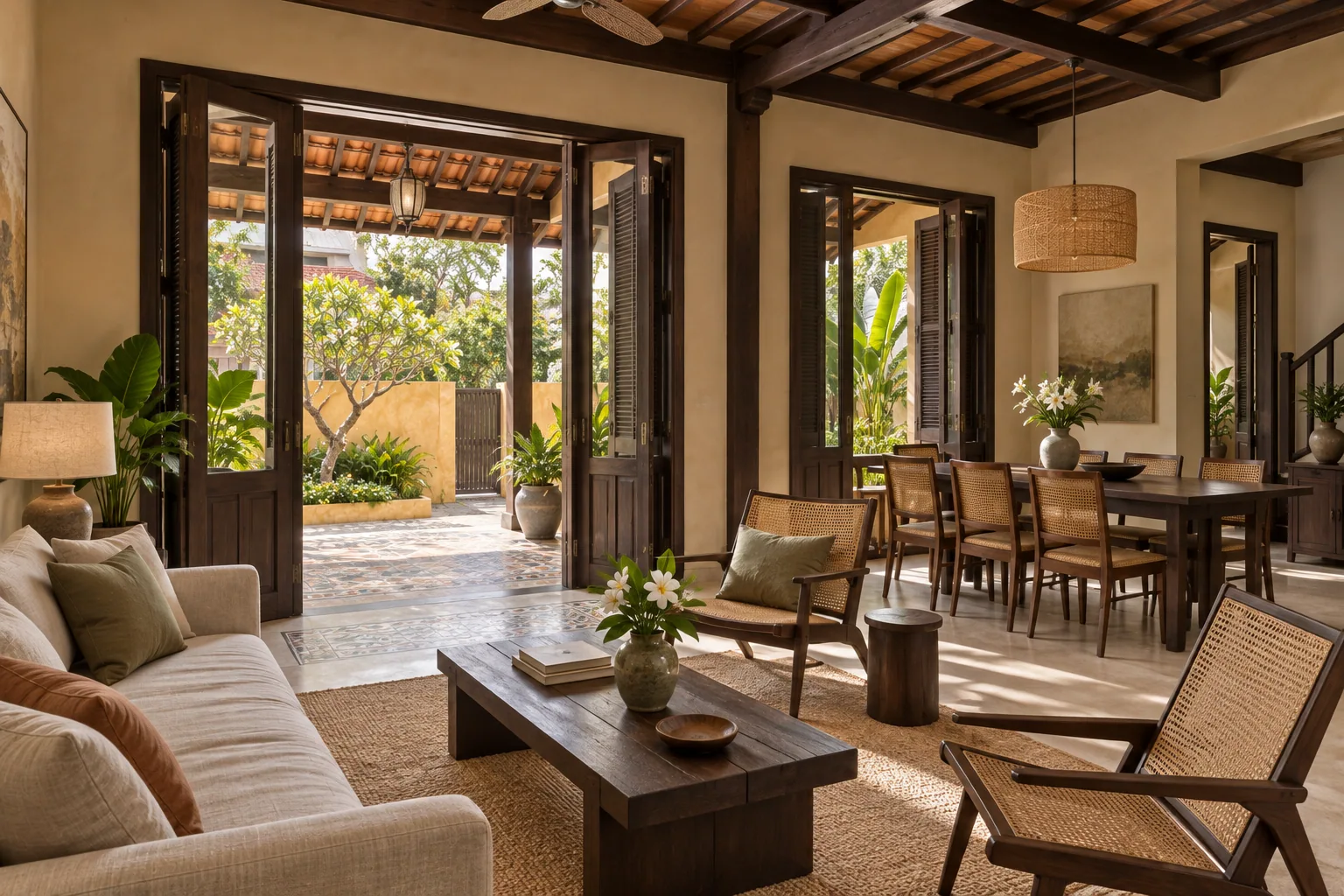 Phòng khách Indochine với cửa chớp gỗ mở ra hiên mái ngói