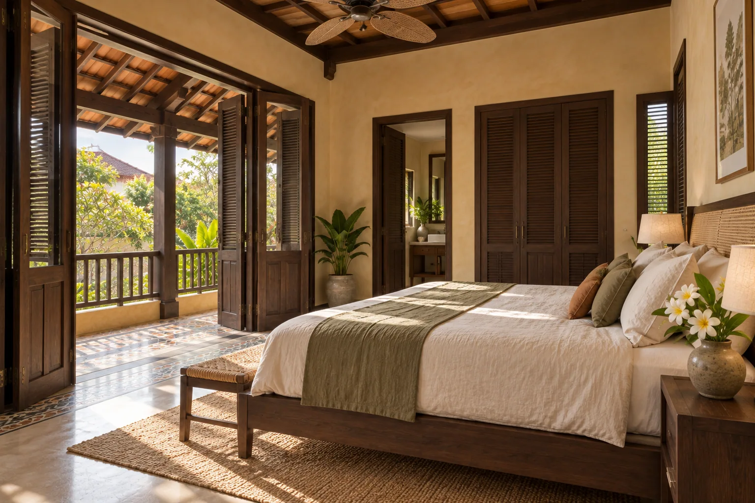 Phòng ngủ Indochine với cửa chớp gỗ mở ra hiên mái ngói