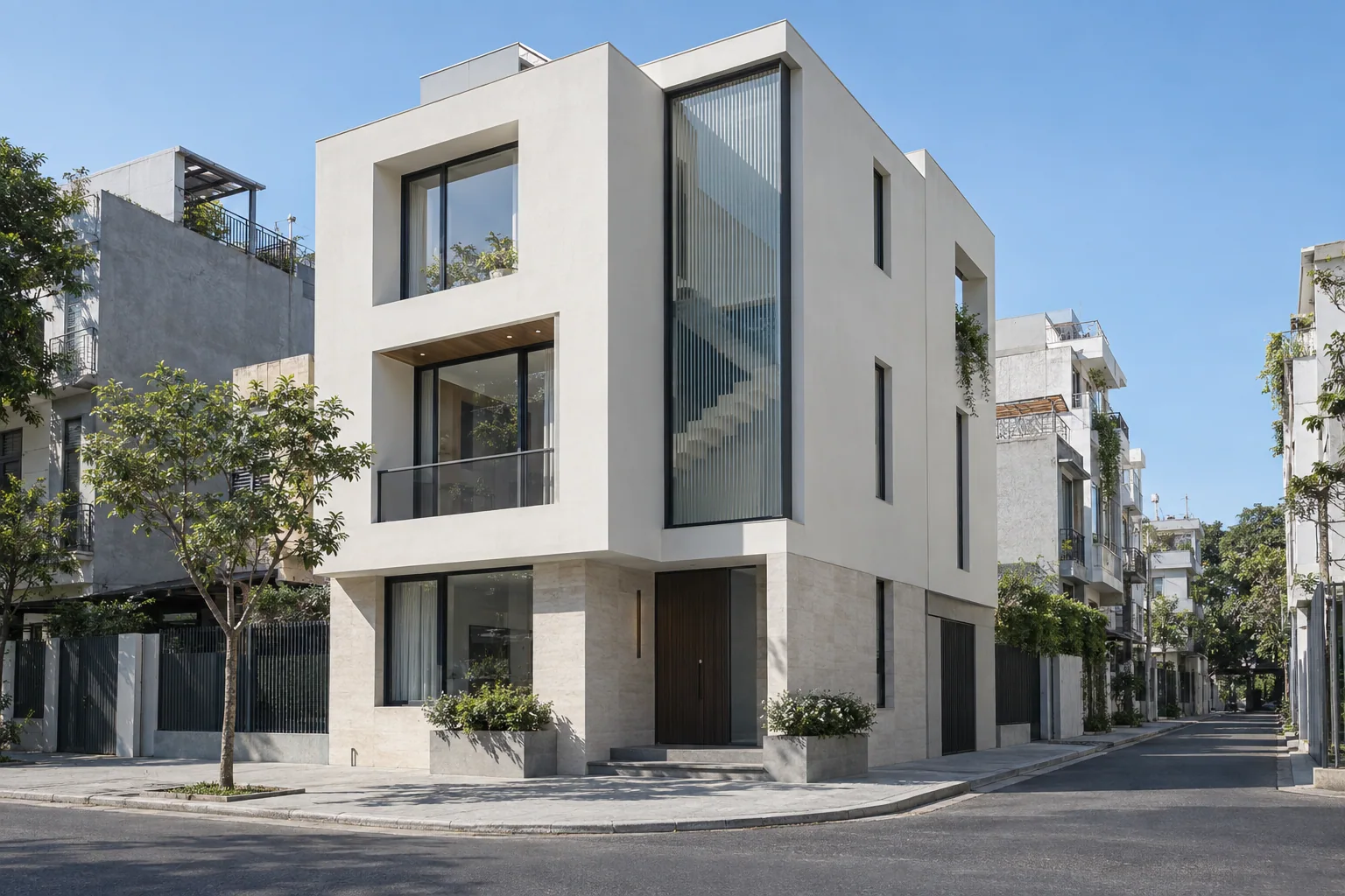 Nhà góc phố tối giản với ô kính sọc đứng