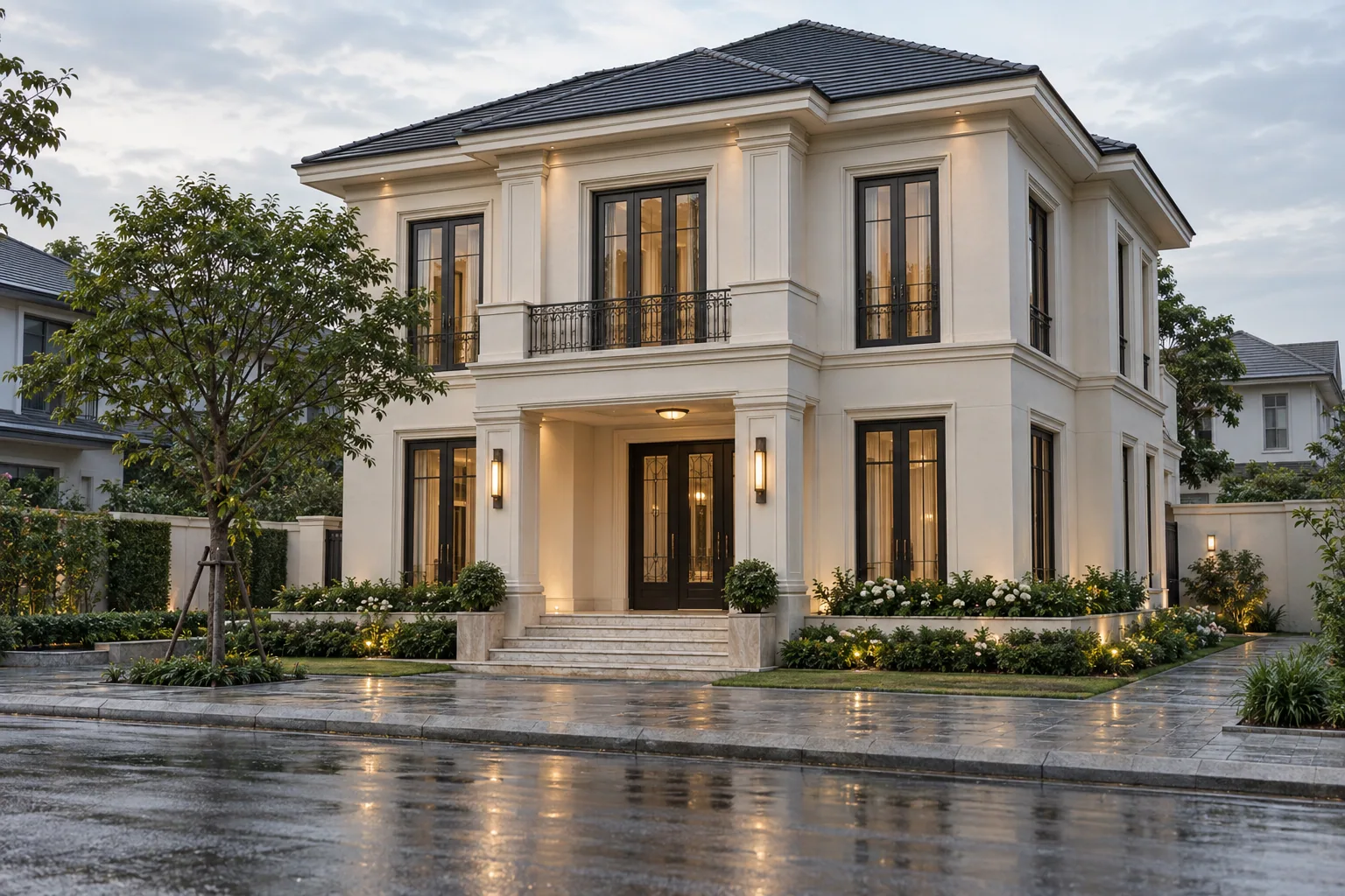 Biệt thự tân cổ điển tiết chế với mái ngói sẫm